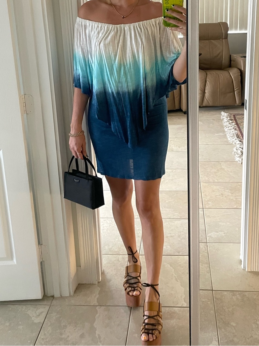 Off-Shoulder Ombre Blue to White Mini Dress